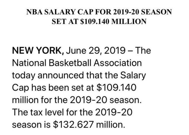 NBA2019-2020新赛季工资帽公布 哈登续约4年1.71亿，字母哥将获史上最大合同